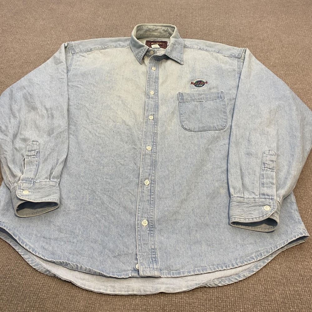 Vintage 90s Hard Rock Cafe Shirt Blue Denim Long Sleeve Las Vegas Logo Men Large